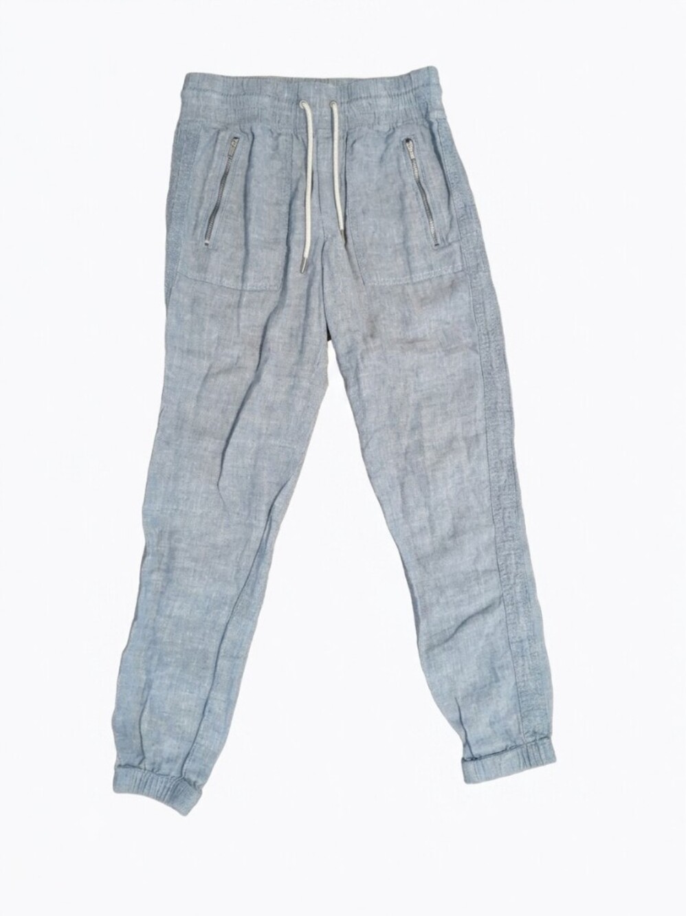 Athleta Cabo Linen Jogger Pants Size 0 Blue Chambray Drawstring Athleisure Beach